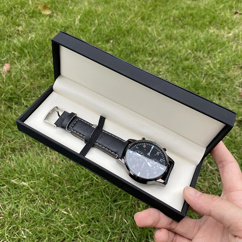 Lid and base black stiff paper box for watchband watch strap paper packaging with stamped gold logo