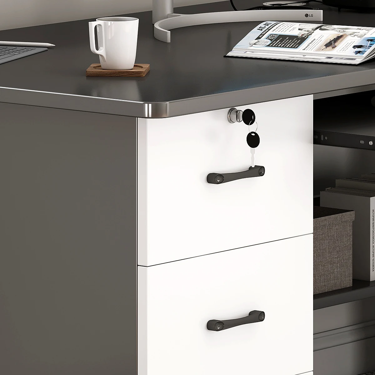 Unique Modern Home Office Grey Computer Desk with 3 Drawers and Cable Hole for Bedroom