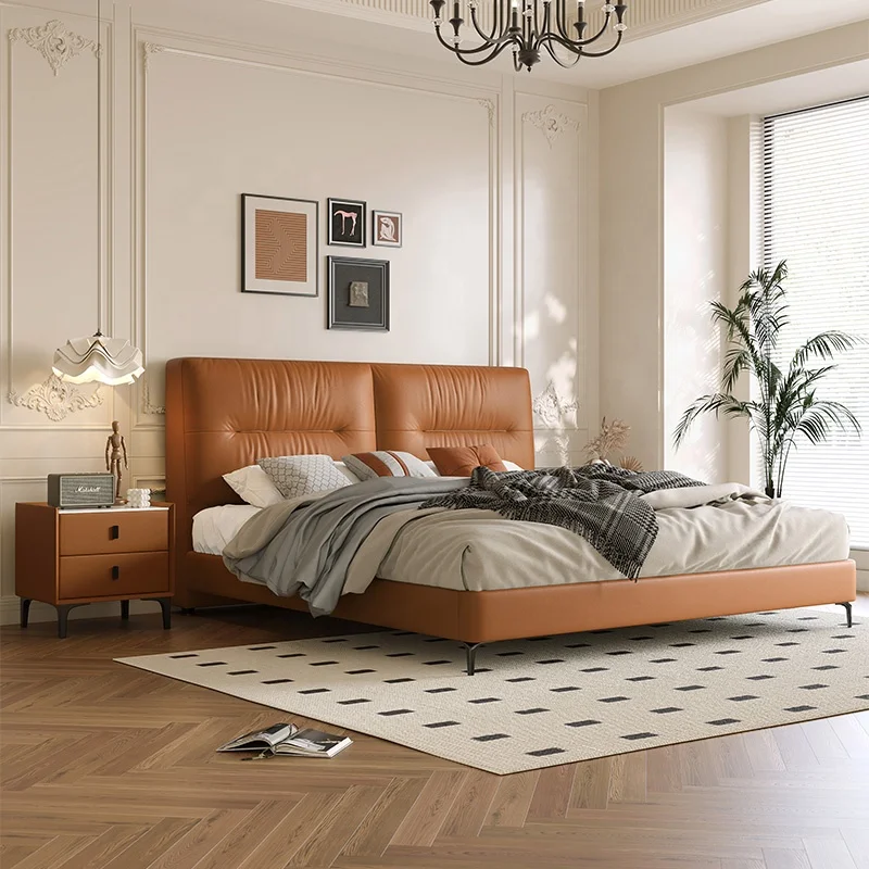 Italian Bedroom Furniture Upholstered Platform Bed Real Leather Bed with Headboard for Bedroom Contemporary Double Bed