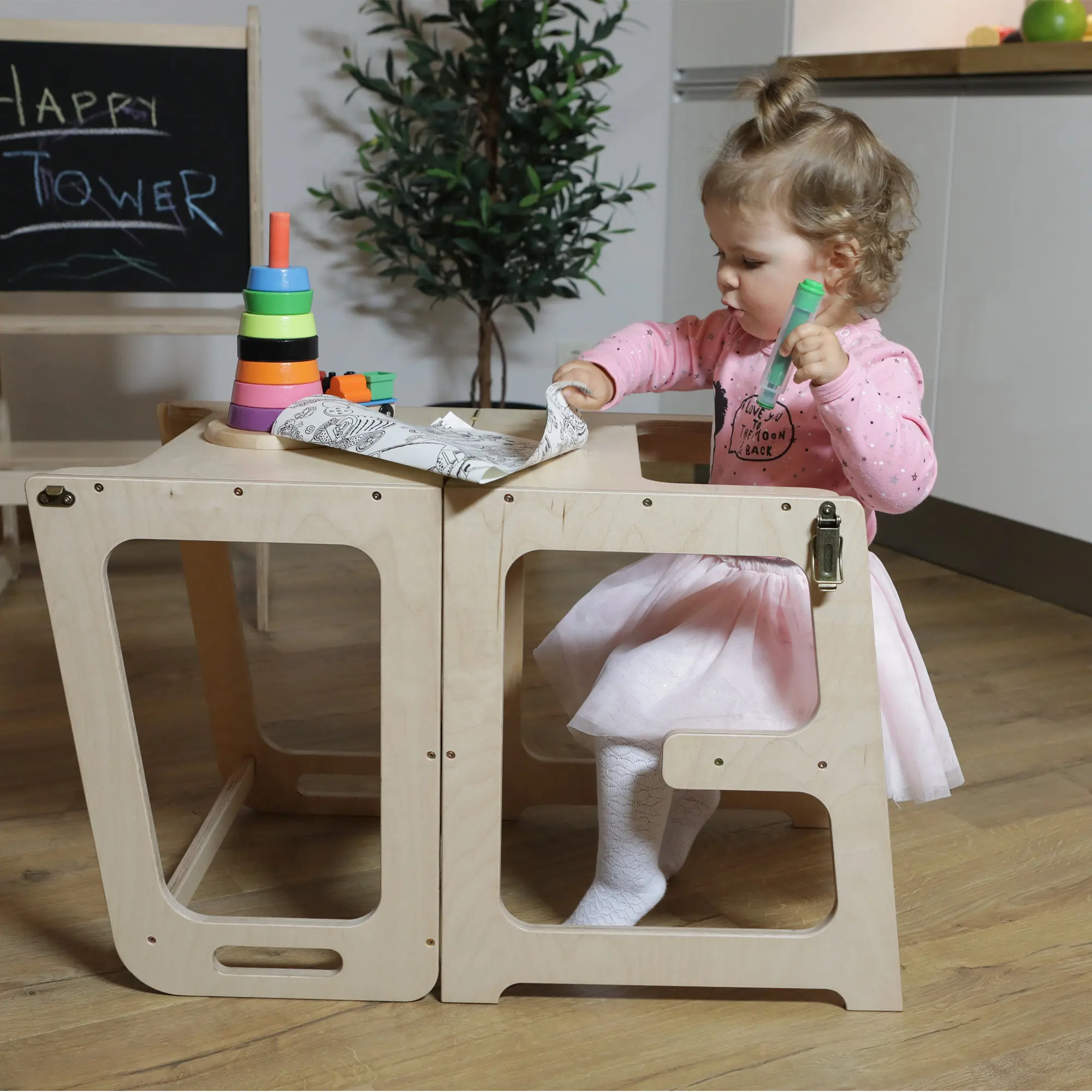 Montessori learning tower helper tower Kitchen step stool Tower with Chalkboard Convertible