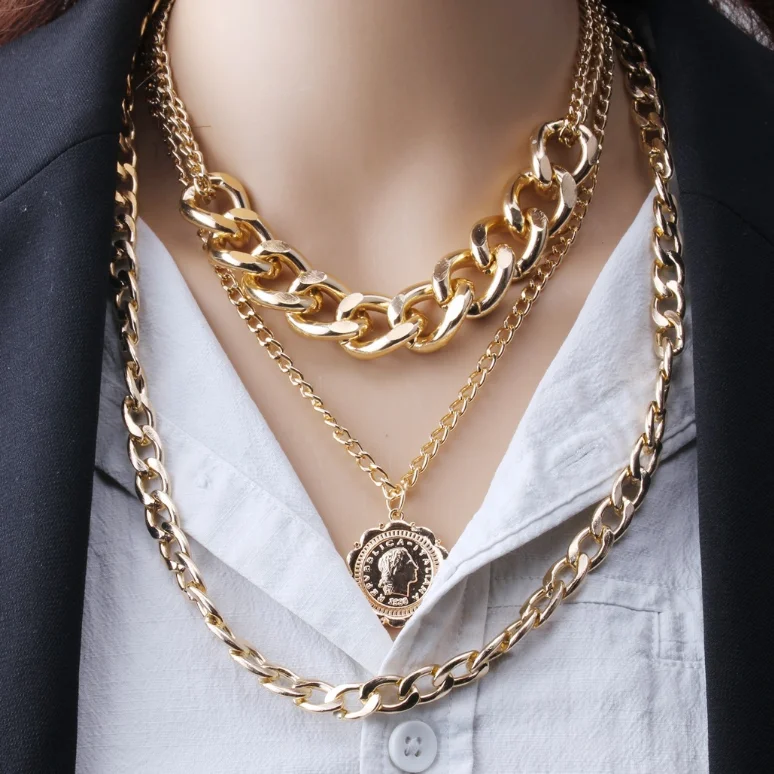 Modern Fashion Gold Layered Thick Necklace Punk Gothic Sweater Chain Pendant Necklace