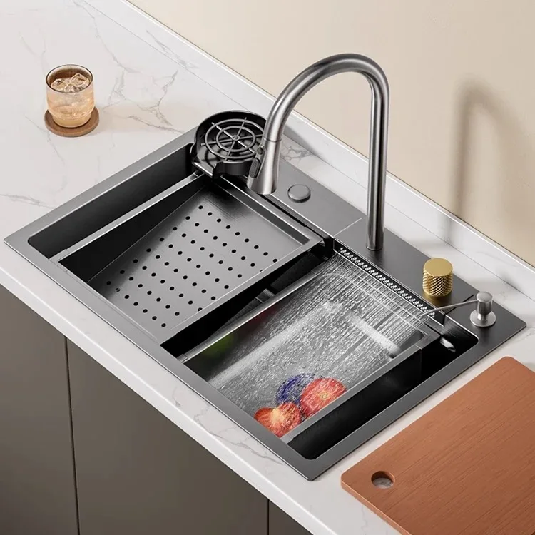 luxury kitchen sinks 304 stainless steel china farmhouse sink modern waterfall rainfall single bowl kitchen sink set black