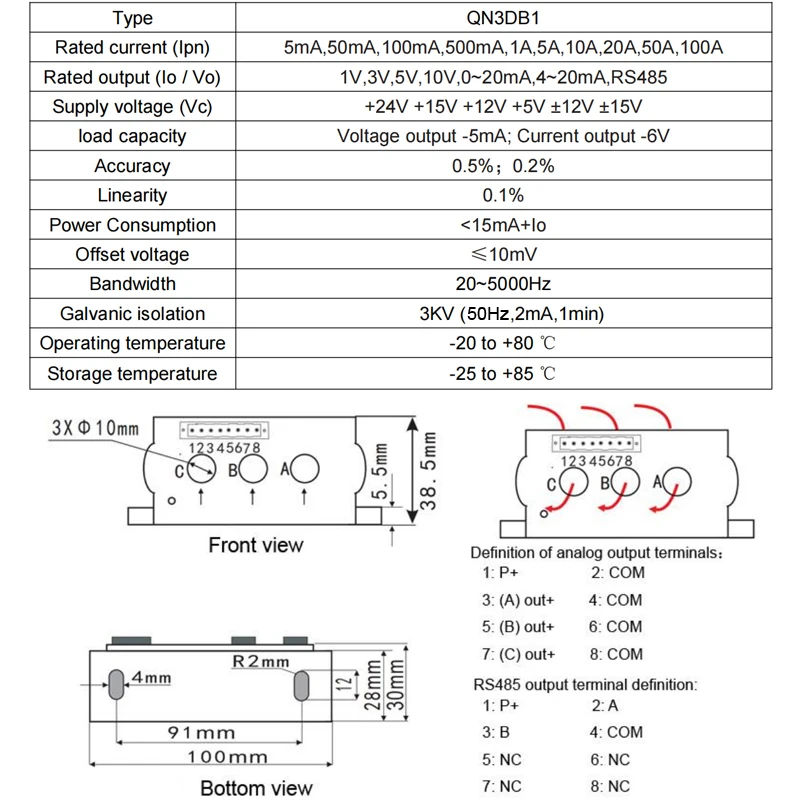Three Phase Current Sensor QN3DB1 AC 1A 5A 10A 20A 50A 100A / DC 4 20mA 10V 5V RS485 hall Current Transducer Transmitter factory