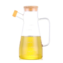 Kitchen 650ml Dispenser Borosilicate Seasoning Bottle Graduated Oil & Vinegar Bottle Pot With Handle Bamboo Wooden Lid