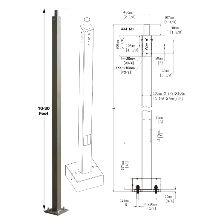 In Stock ETL Certificate Hot Dip Galvanized square steel street light pole for car parking