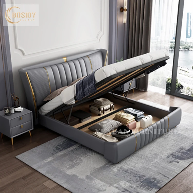 luxurious tufted king size pu leather upholstered modern bed with storage bedroom furniture