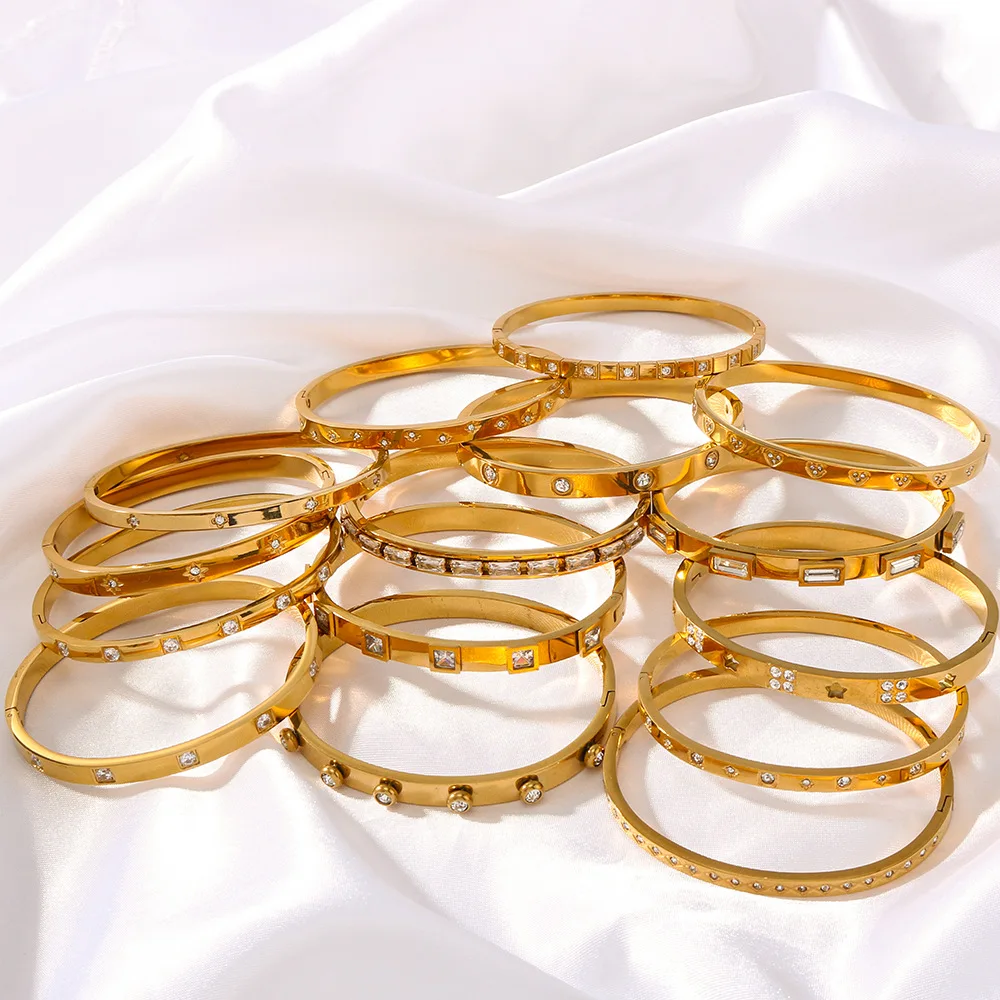 Chunky Waterproof Stainless Steel Green Zircon Cuff Bangle Bracelet 18k PVD Gold Plated Wide Cubic Zirconia CZ Bangle Bracelet