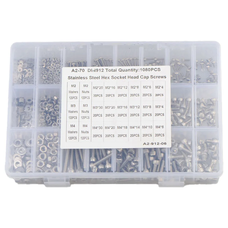 1080PCS M2 M3 M4 Stainless Steel 304 Hexagon Socket Screw Bolt Nut Flat Gasket Combination Set