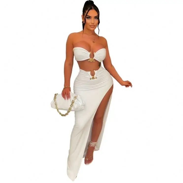 Women Two Piece Set Sexy Wrap Breast and High Side Slit Skirt Outifit Beach Dress Costumes Summer Matching Sui
