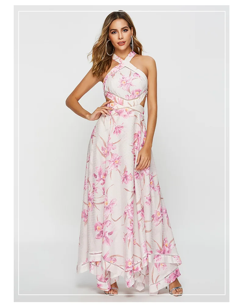 
2021 summer new Korean version sleeveless high waist neck dress sexy cross tie print big skirt skirt Holiday dress, casual dress 