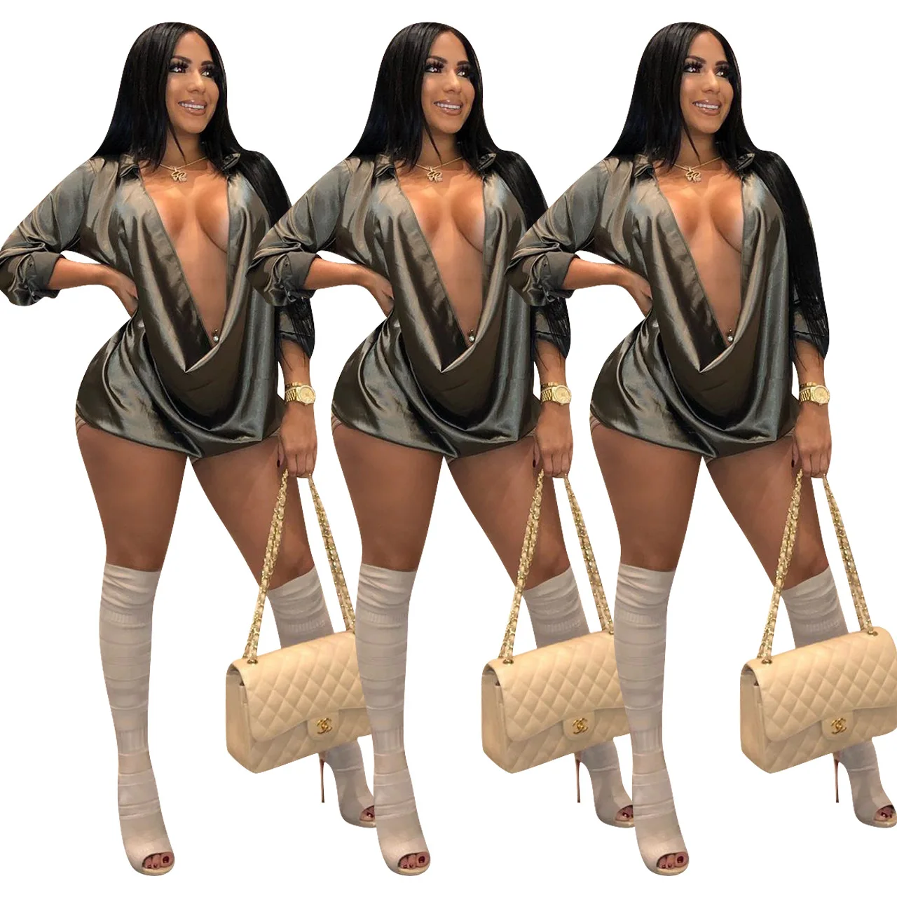 Fashion Sexy V-neck Polo Collar Tops and Silk Dress for Women Casual Dresses Mini Club Dress Sheath Plain Dyed Simple Spring