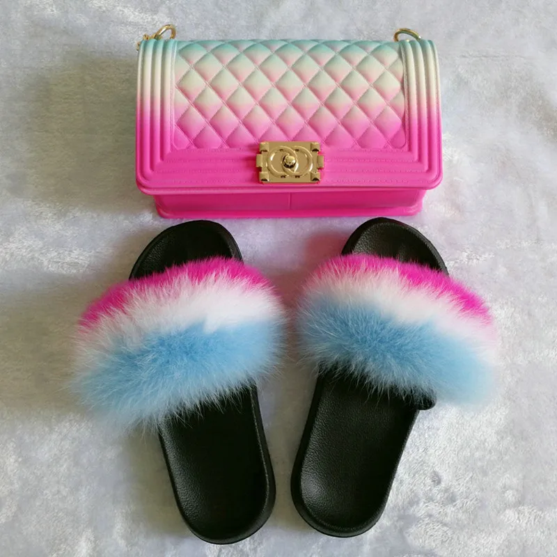 Wholesale Real Fur Slides And Matching Purse Set Rainbow Color Fox Fur Slides Slippers And Cross-body Jelly Bag Set