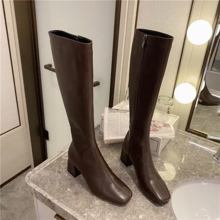 New high tube boots children 2021 versatile autumn and winter, but knee zipper square toe boots wholesale female manufacturers