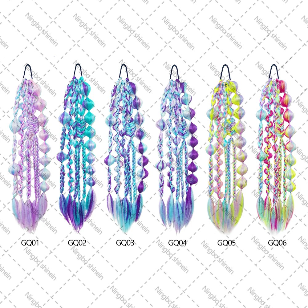 Wholesale 24inch Cosplay Handmade Crochet Colored Hair Extensions Synthetic Bubble Braid Hair Ponytail with Rubber Bands