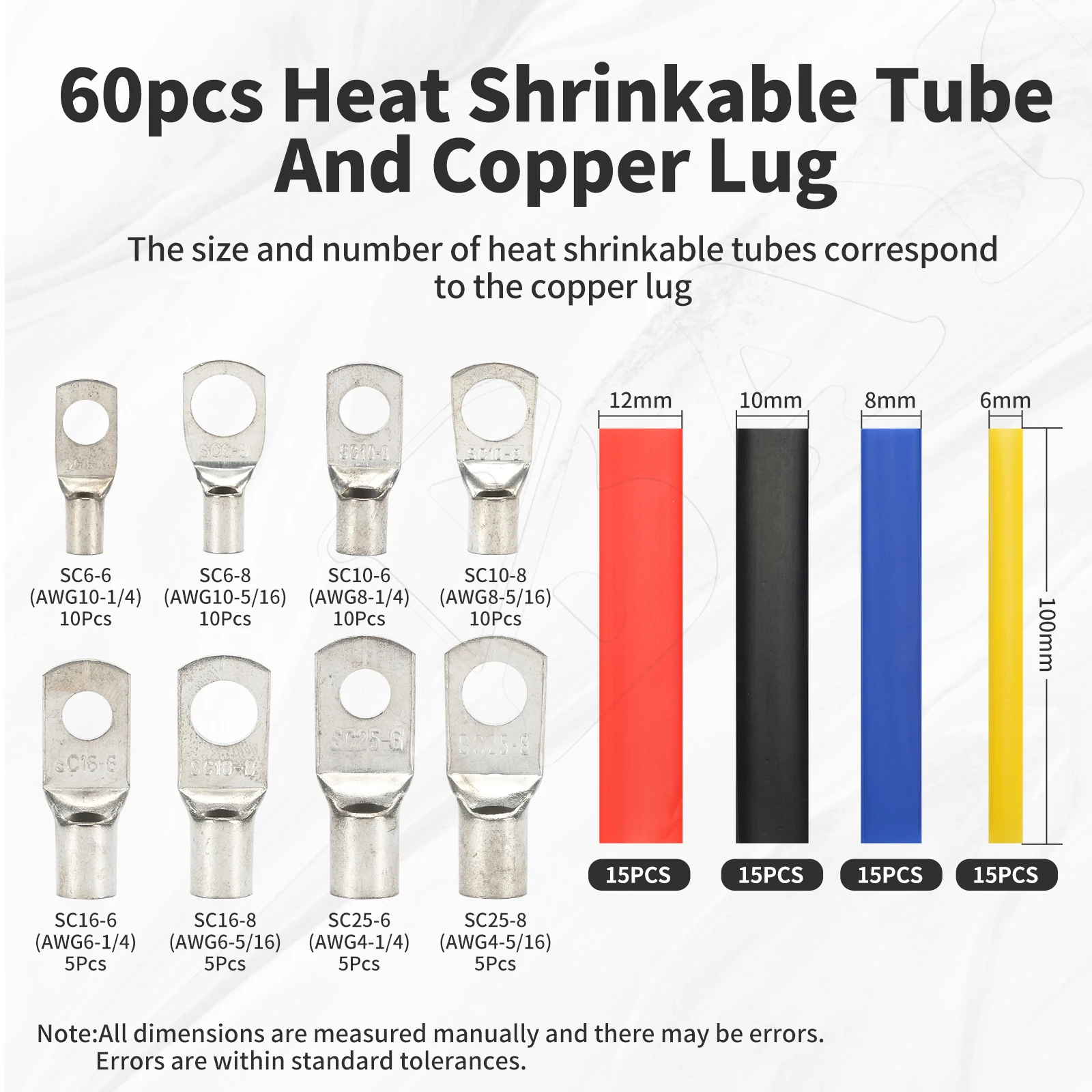Battery Cable Lug Crimping Tool Kit For Copper Battery Cable Crimper with Stripper 60pcs Copper Battery Lugs/Heat Shrink Tubes