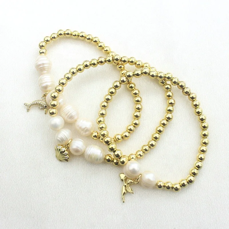 CH-JDT0282 Beautiful Freshwater Pearl Beads Elastic Bracelet Fashion Micro Pave CZ Shell/Angel/Dolphins Charm Bracelet Wholesale