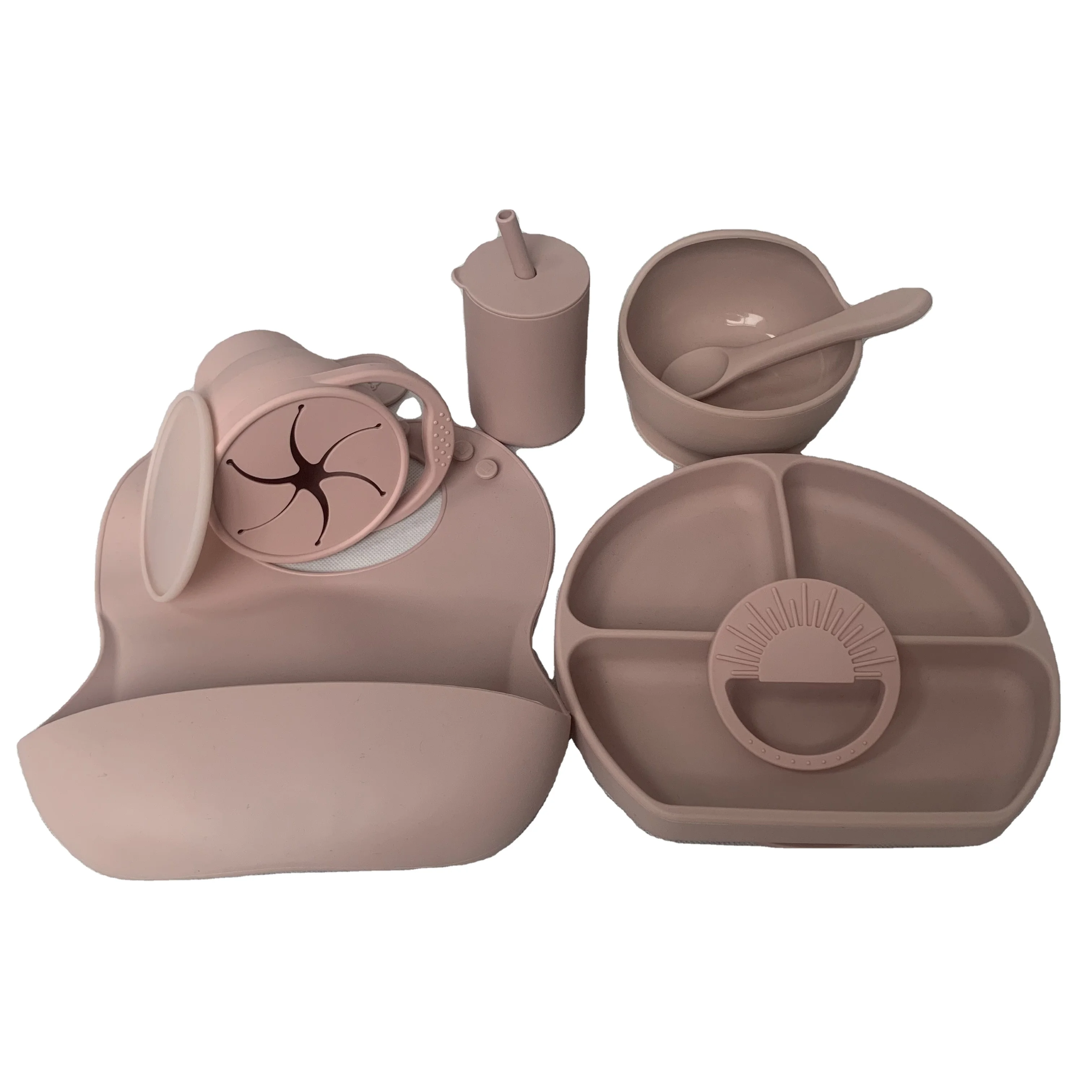 Wholesale BPA Free Silicone Suction Bowl Plate Spoon Sunrise Teethers Snack Cup Baby Silicone Feeding Set