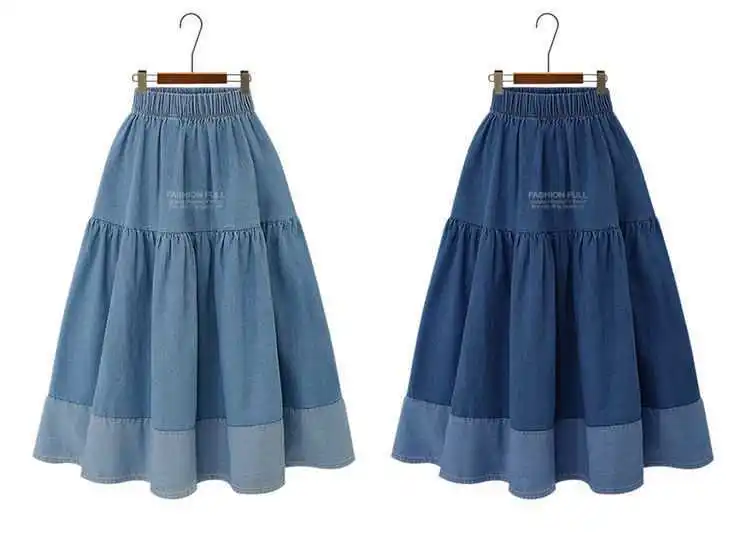 Elegant casual high waist women pleated A line midi length Skirt patchwork elastic Ladies denim skirts