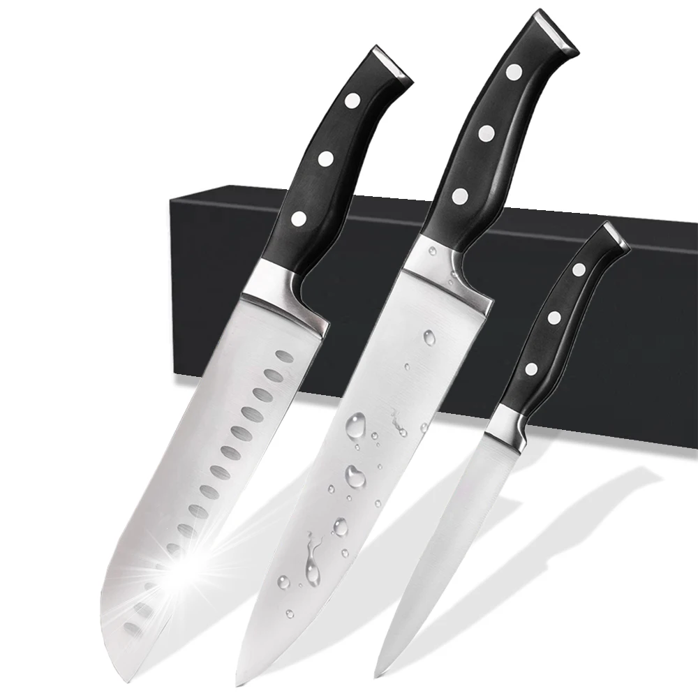 Custom Logo 3PC Chef Knife Set High Carbon Stainless Steel Sharp Knives Carving Sets for Kitchen with Gift Box