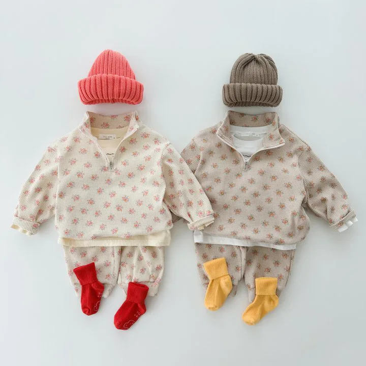Spring Autumn Toddler Children Girls Floral Design Half Zipper Casual Sweatshirt Pants 2pcs Tracksuits Baby Clothes Set