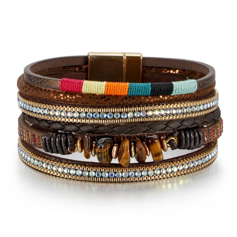 Wholesale Irregular Crushed Turquoise Bohemia Bracelet Handmade Colorful Rope Woven Multi-Layer Leather Bracelet For Women