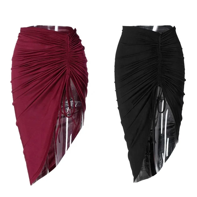 iEFiEL Women High Waist Asymmetrical Bodycon Skirt Drawstring Ruched Latin Dance Skirt Party Clubwear
