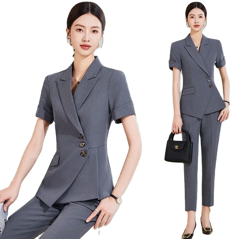 Hotel business suits for 2pcs set top pants summer short sleeved thin 3 button womens suits