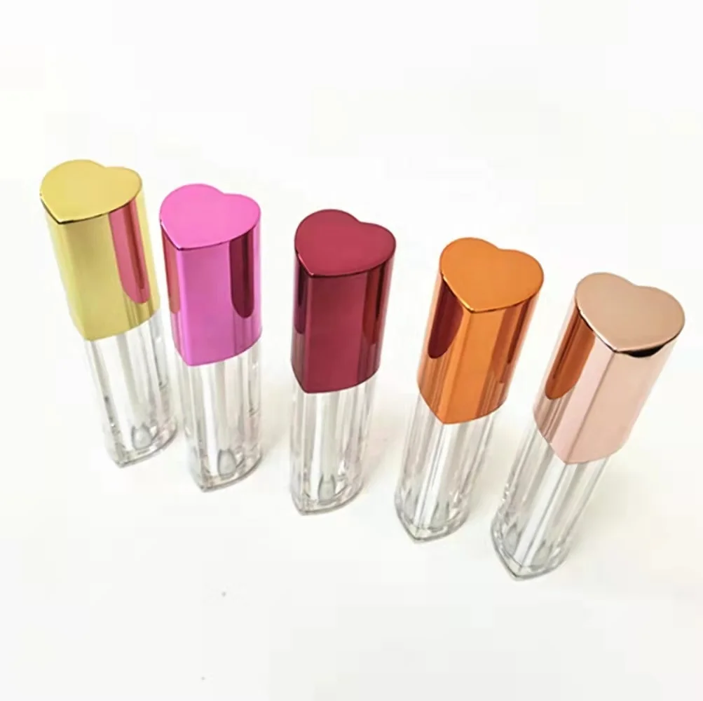 2022 wholesale luxury rose gold heart shape lipstick packaging cosmetic hot pink purple lip gloss containers tube with brush 3ml
