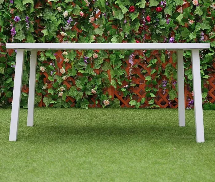 Teak color plastic wood table top white aluminum table legs outdoor furniture long table