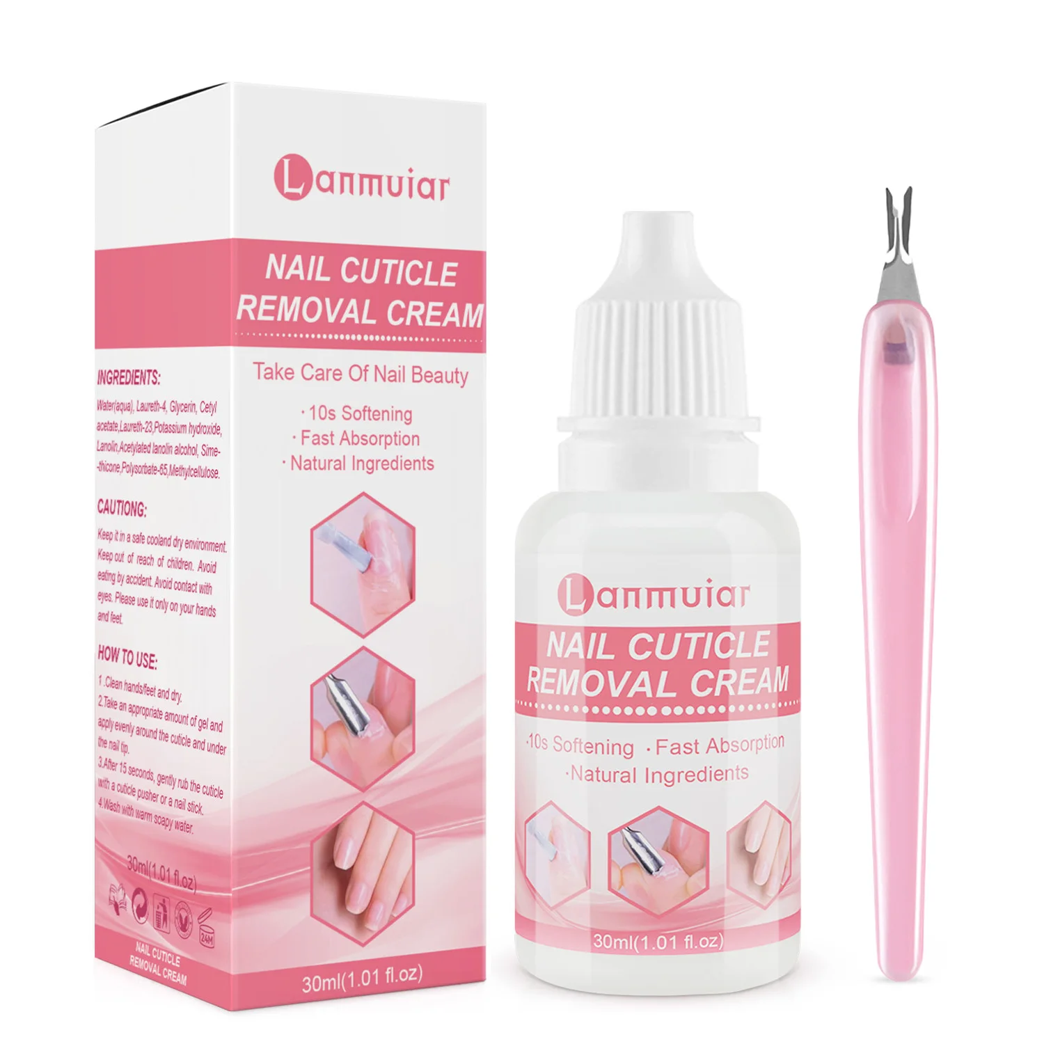 Hot sale 30 ML/Bottle Nail cuticle removal cream with pink dead skin fork for Nails Care
