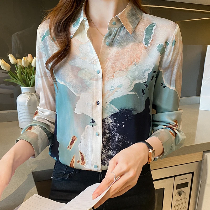 Spring Autumn Fashion Mulberry Silk Polo Gradient Ramp Long Sleeve Blouse Shirt Women Chic Contrast Color Work Shirts Ladies