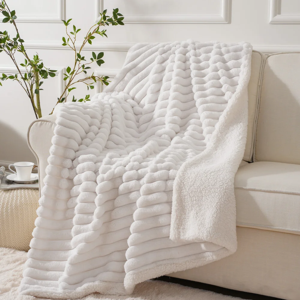 Luxury Warm Reversible Jacquard Striped Faux Fur Minky Sherpa Snow White Throw Blanket Super Soft Fuzzy Fleece Sofa Blanket