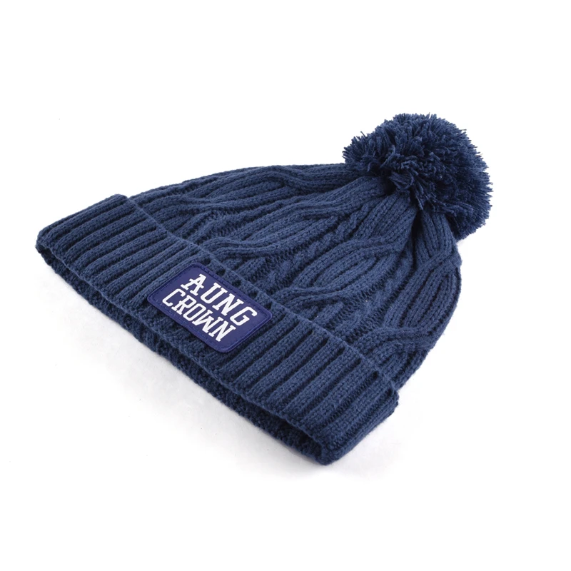 New Fashion customize unisex embroidery patch acrylic winter knitted hats pom pom beanies with custom logo