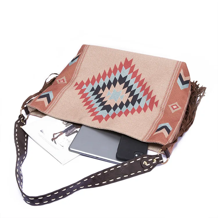 Vintage Handmade Faux Suede Leather Fringe Tassel Hobo Large Women Cross Body Cotton Linen Shoulder Messenger Bag