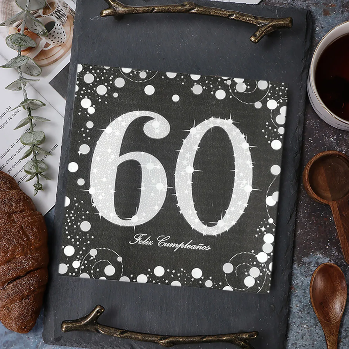 60th Birthday Theme Party Silver Number Pattern Paper Towels Year End Party Disposable Rose Red Napkins