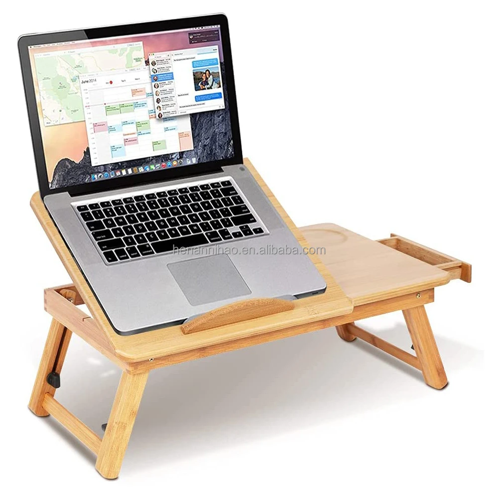 Laptop Stand Lap Desk Table with Adjustable Leg -- Bamboo Flower Pattern Foldable Breakfast Serving Bed Tray Natural