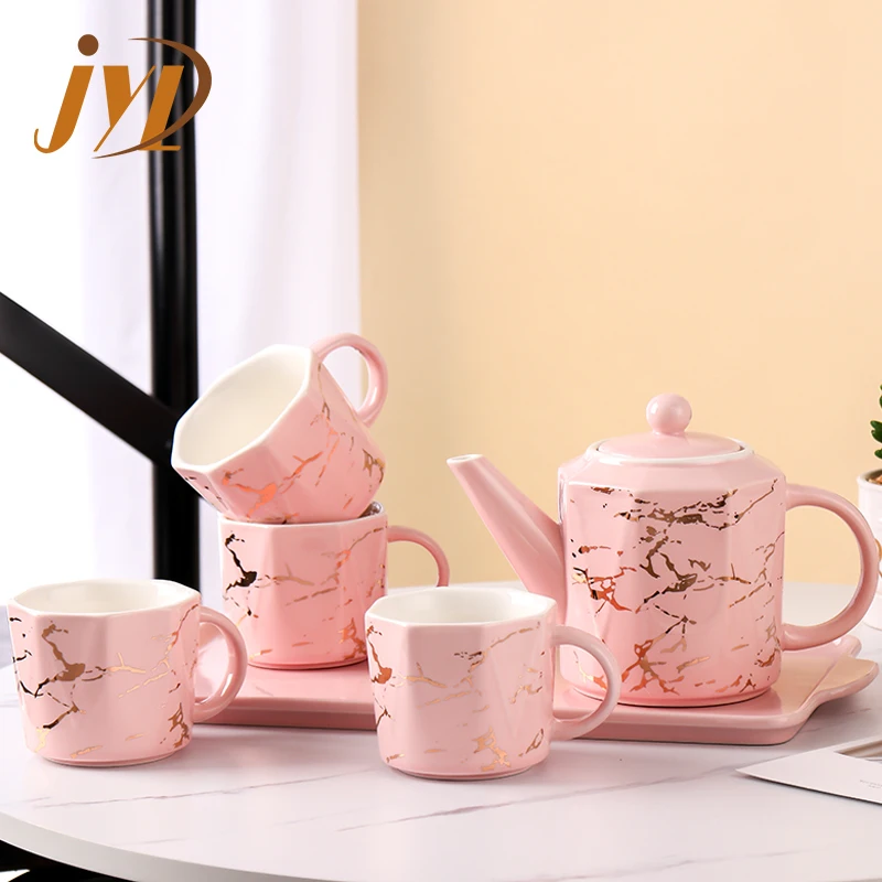 wholesale luxury marble pink drinkware porcelain tea pot tea cups european ceramic tea sets with tray