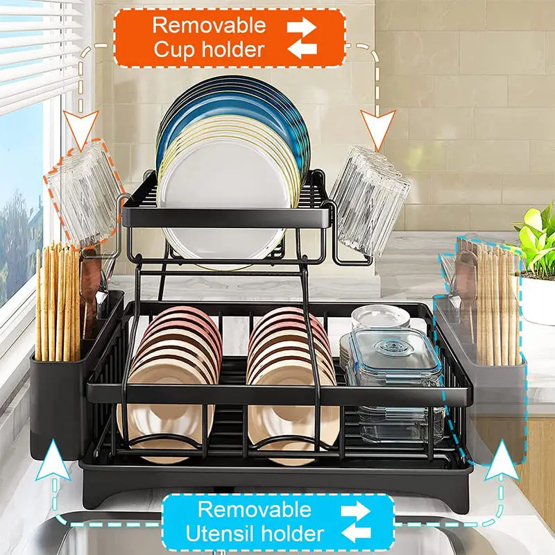 2 Tier Dish Drying Rack Cutlery Drainer Dish Storage Holder Detachable Multifunction Countertop Kitchen Dish Rack Drainer
