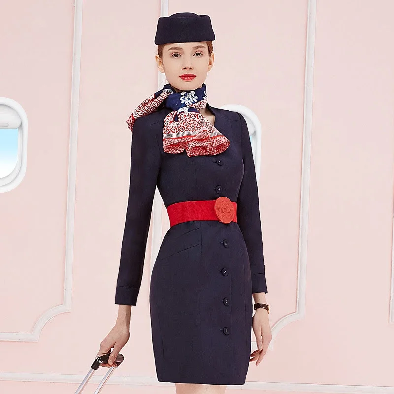 Custom Fabric Single Breasted Blazer Airline Work Uniforms Elegant Flight Attendant Stewardess Uniform Long Dress Overall Coat