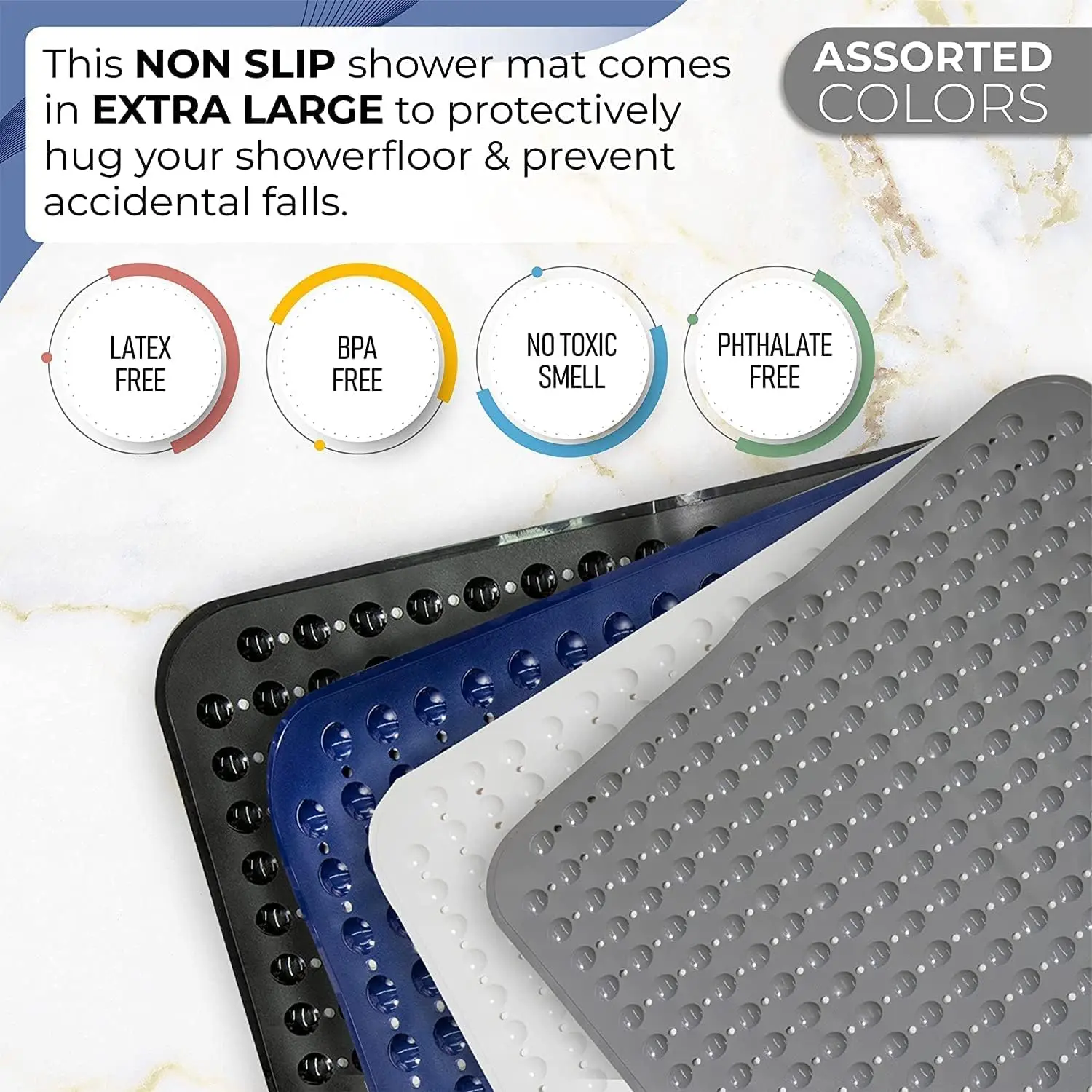 Large Square Non Slip Shower Mat Square Shower Mats for Shower Stall Floors Secure Suction Cups and Drain Holes