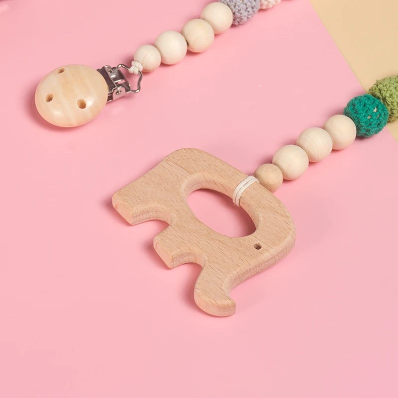 2021 Infant Newborn Elephant Crochet Wood Beaded Dummy Belt Baby Soother Clips Teething Baby Teether Chain,Wooden Dummy Chain