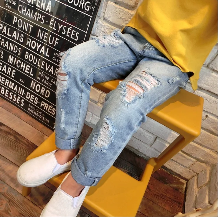 
Custom Wholesale Factory Children Teen Girls Fashion designer distressed Denim Pants Spring Kids Ripped Jeans 