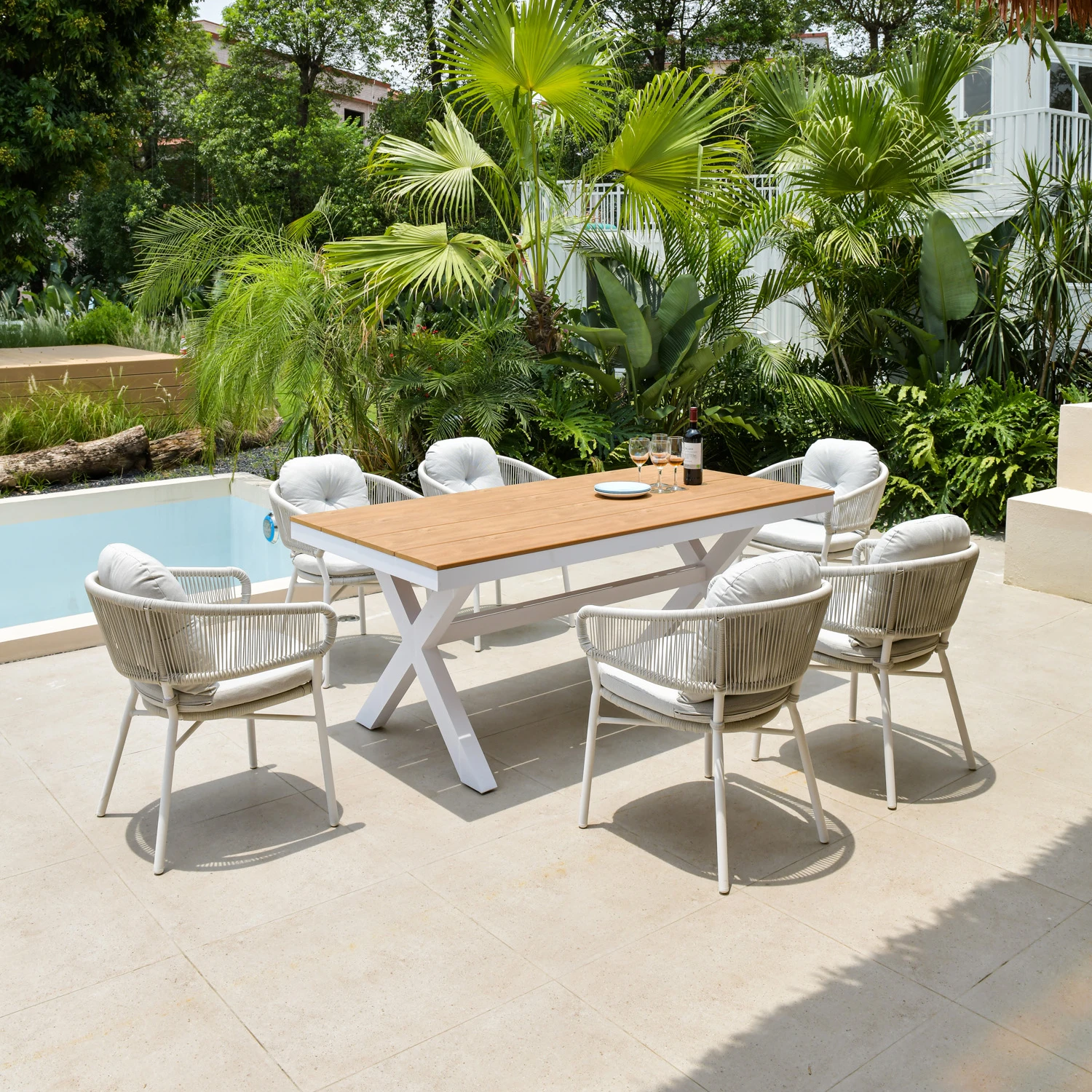 outdoor dining180 cm table sets  4 people garden furniture white color aluminum frame , plastic wood top table and  rope chairs