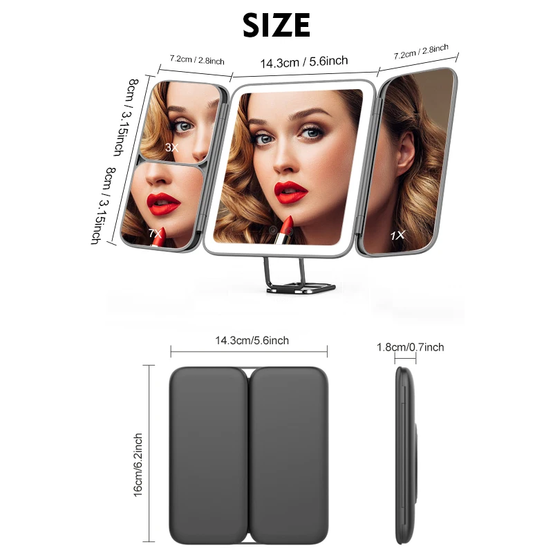Custom Logo Desk Table With Light 3x 7x Magnifying Portable Tri Fold Led Makeup Trifold Mirror