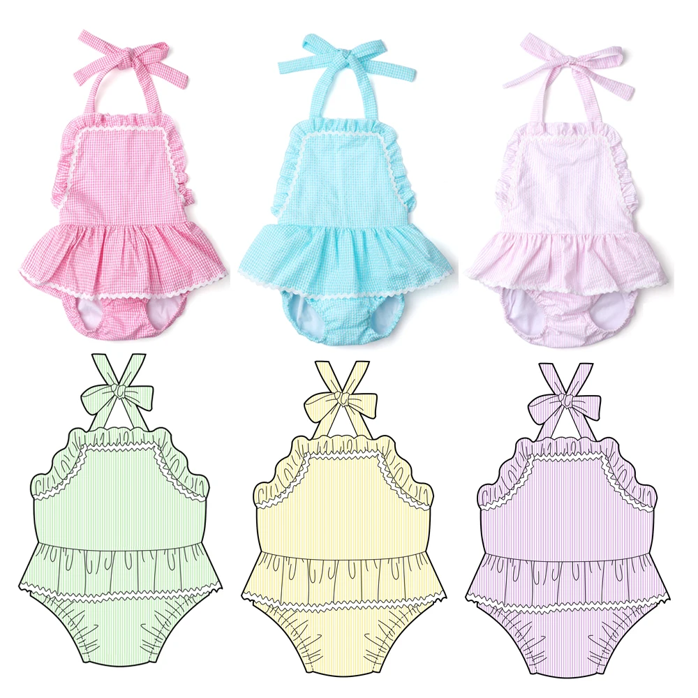 Monogram seersucker swimsuit kid girls with ruffle  one piece bathing suit swimwear summer baby toddler swimsuit