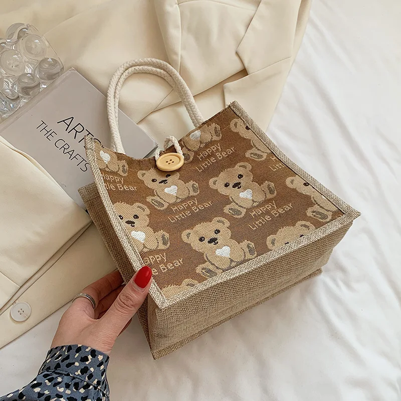 2024 Fashion handbags sudents shoulder bags outdoor shopping bags women bear linen tote bags