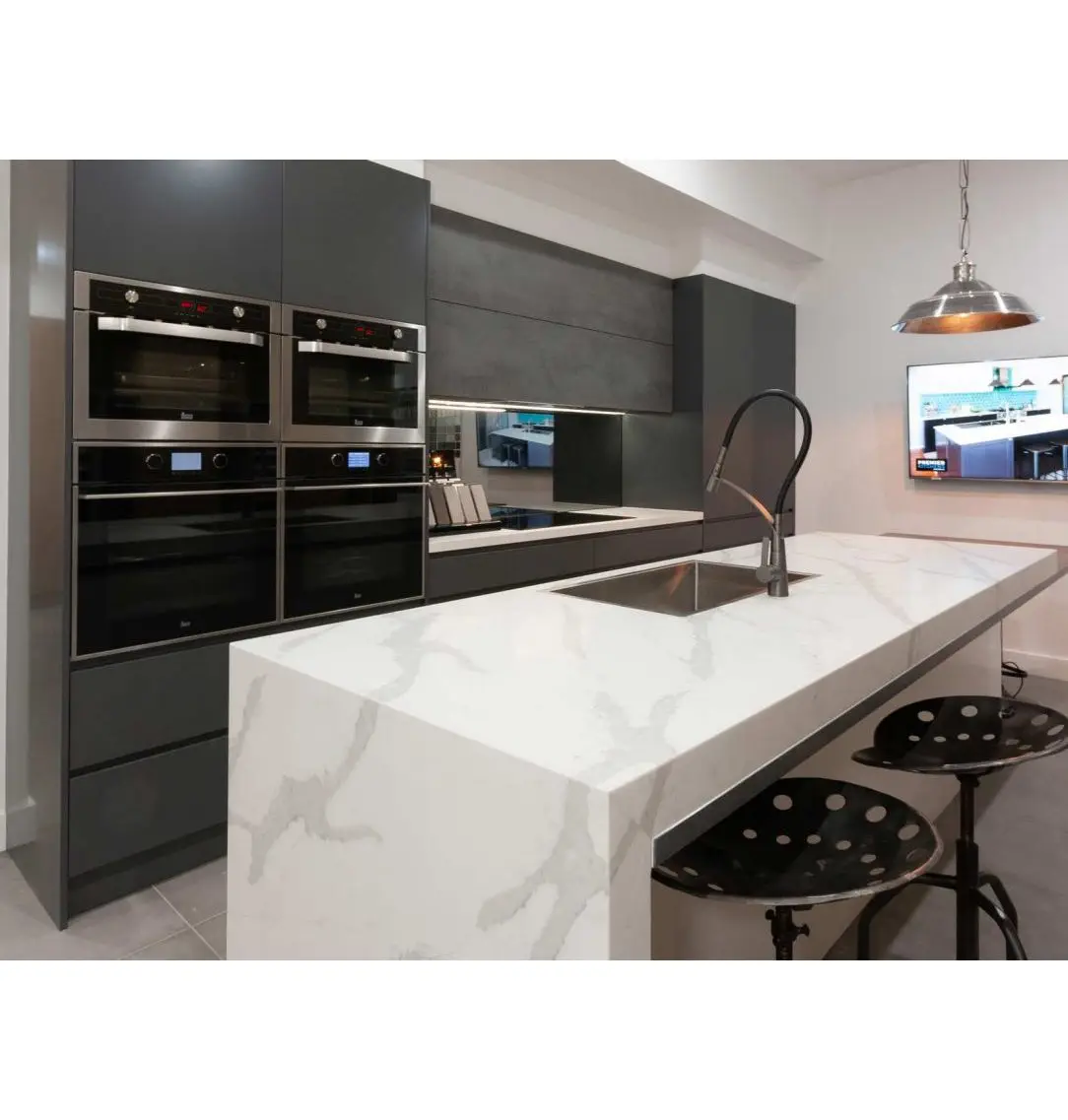 Modern Waterfall Countertop Black Melamine Wood Kitchen Cabinets