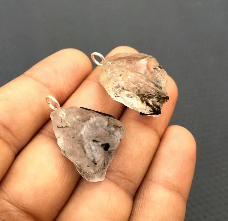 Natural Black Rutile Untreated Rough Gemstone 92.5 Sterling Silver 2 Pieces Handmade Hair Quartz Pendant Jewelry