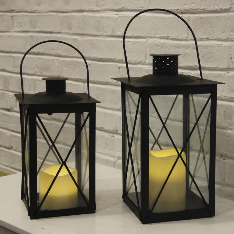 Wedding Decorative Battery Black Candle Holder Outdoor hanging Moroccan Iron Metal LED Lantern with Flameless Candle