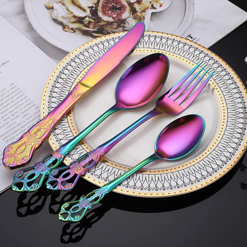 New Embossed Gold Cutlery Stainless Steel Knife Fork Dessert Spoon Wedding Silverware Flatware Set